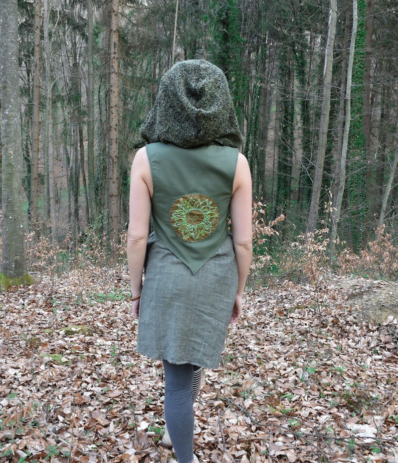 green elven vest, hooded pixie vest, forest fairy costume, tribal mandala top image 6