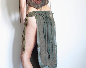 Green tribal belt skirt, long split skirt, ren fair costume