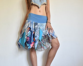 blue elven tattered  skirt, tribal festival skirt, pixie costume