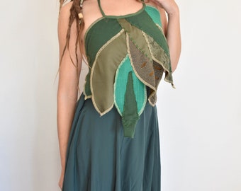 Green leaves backless top, forest elven costume, pixie summer tie top