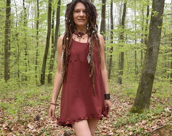 Red Gauze Cotton Summer Dress, Ruffle Hem, Boho Festival Style