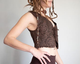 Bruin denim festivalvest, tribaltop dames, aardse pixiekleding, ren fair-vest