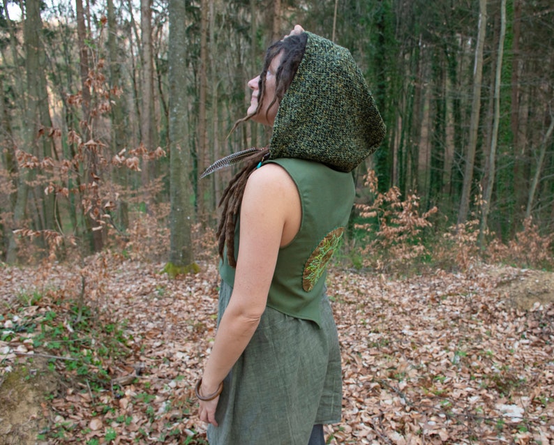 green elven vest, hooded pixie vest, forest fairy costume, tribal mandala top image 3