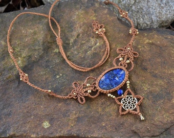 Sodaliet ster mandala ketting, bruine macrame sieraden