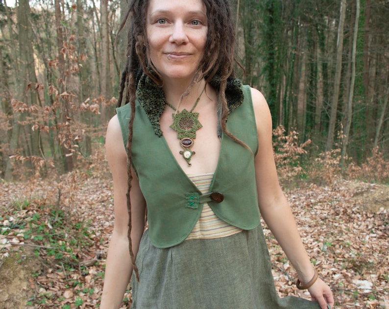 green elven vest, hooded pixie vest, forest fairy costume, tribal mandala top image 4