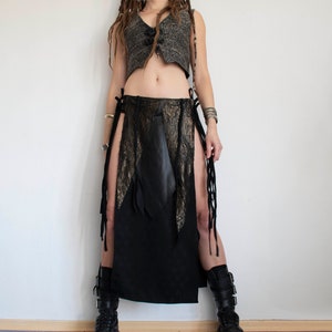 Long black split skirt, festival belt skirt, punk metal skirt zdjęcie 4