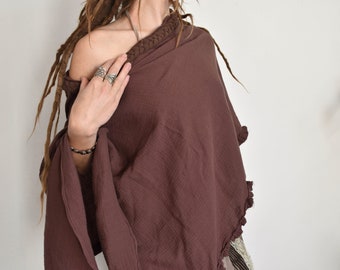 Brown summer cotton poncho, earthy festival blouse, tribal women costume