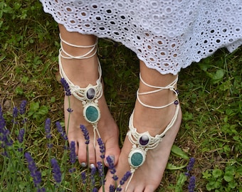 beige boho goddess wedding shoe, bridal barefoot sandal, macrame foot thong, beach lace sandal