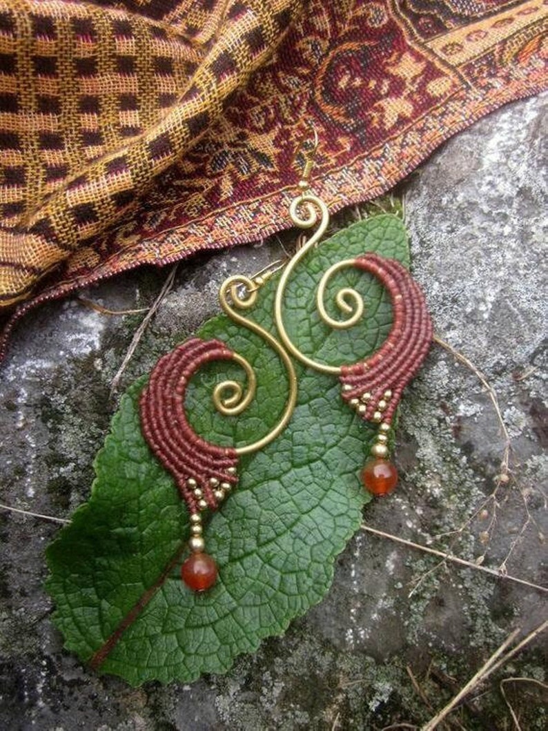 tiger eye macrame earrings, dark brown tribal jewelry, spiral brass earrings, red earrings Copper