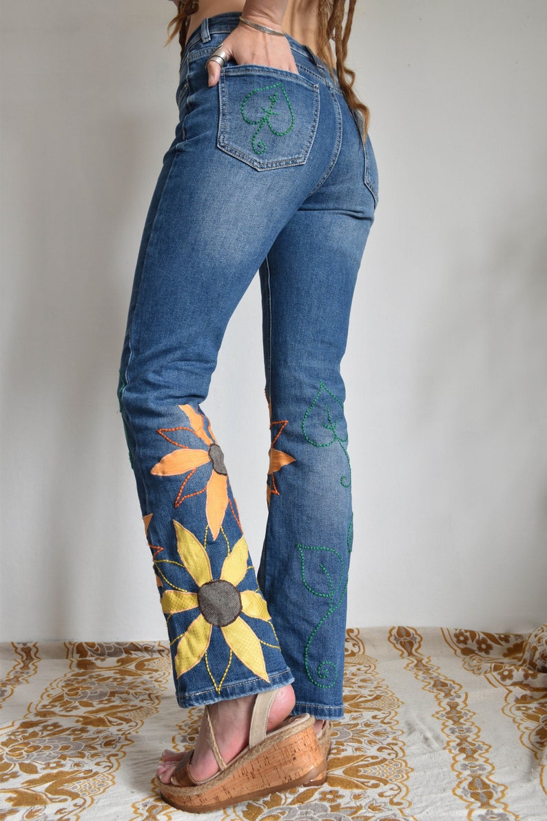 Sunflower Patchwork Pants Bell Bottom Jeans Hippie Pants Etsy