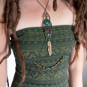 Green Macrame Body Chain: Unakite, Shell & Tiger&#39;s Eye Gemstones