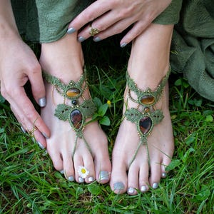 Green elven barefoot sandal, macrame leafy foot thong
