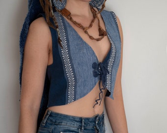 Blue linen womens vest, indigo cotton festival top, hippy clothes