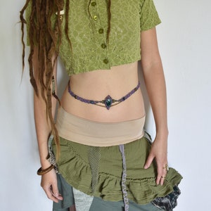 Pink and purple elven macrame waist belt, amethyst belly jewelry, malachite festival body jewelry
