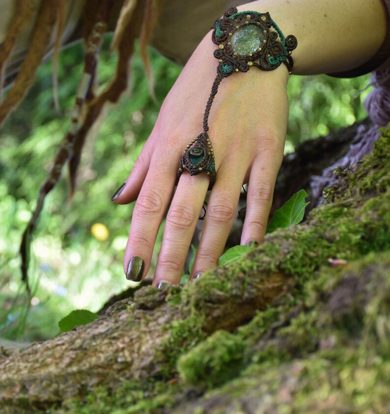 Brown macrame ring bracelet, moss agate earthy jewelry, forest fairy festival bracelet, image 7