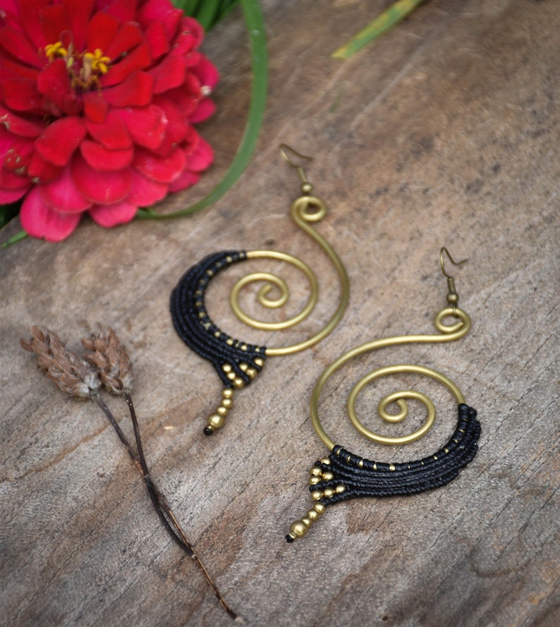 tiger eye macrame earrings, dark brown tribal jewelry, spiral brass earrings, red earrings Black