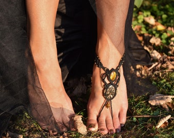 Black barefoot sandal, single macrame  foot thong, turritella fossil jewelry