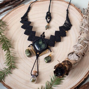 Black witchy macrame necklace, green spell bottle jewelry, gothic style kambaba jasper necklace