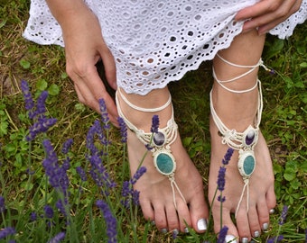 beige boho goddess wedding shoe, bridal barefoot sandal, macrame foot thong, beach lace sandal