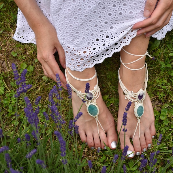 beige boho goddess wedding shoe, bridal barefoot sandal, macrame foot thong, beach lace sandal