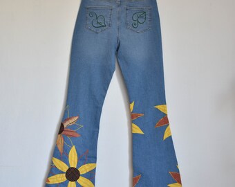 Sunflower Patchwork Pants, Bell Bottom Jeans, Hippie Pants