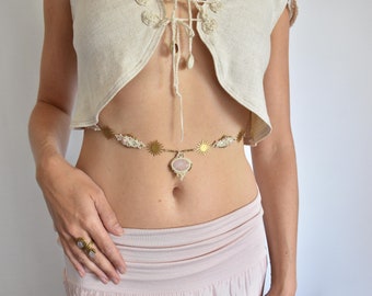 white bohemian waist belt, macrame rose quartz belly jewelry, bridal belly chain