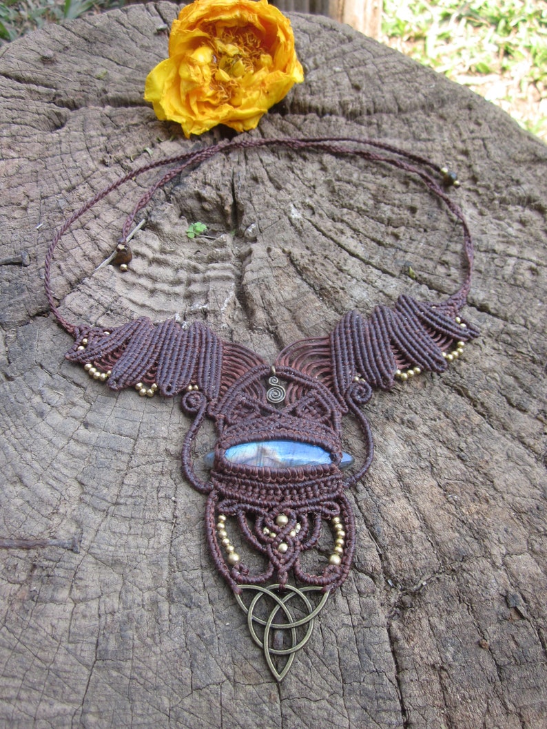 statement necklace Celtic trinity festival Labradorite macram\u00e9 Lunar Goddess necklace