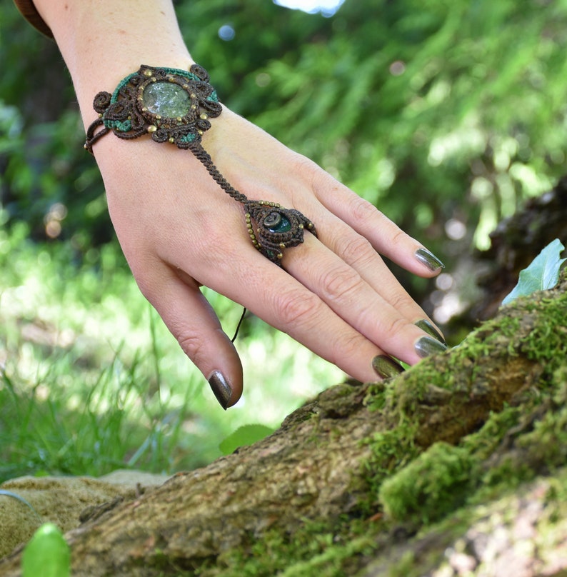 Brown macrame ring bracelet, moss agate earthy jewelry, forest fairy festival bracelet, image 8