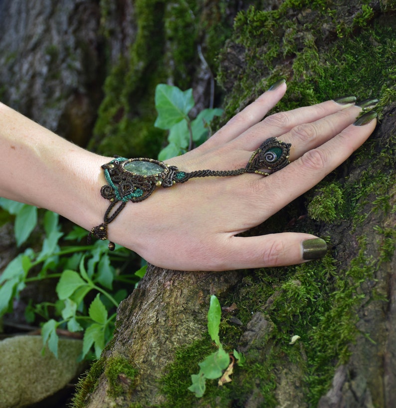 Brown macrame ring bracelet, moss agate earthy jewelry, forest fairy festival bracelet, image 2