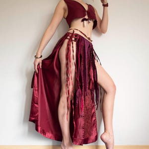 Red tribal belt skirt, long split skirt, ren fair costume, fire goddes wear, warrior woman clothing
