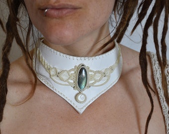 white faux leather choker necklace, bridal labradorite  necklace