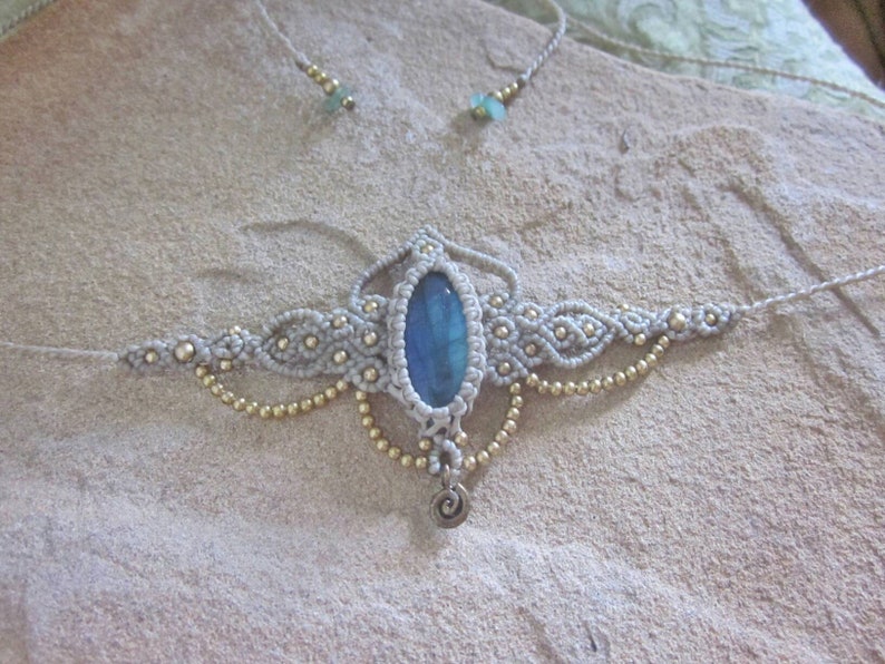 bohemian macrame head piece Beige tribal labradorite tiara bridal ethnic choker necklace goddess crown