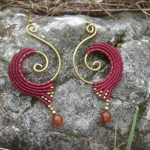 tiger eye macrame earrings, dark brown tribal jewelry, spiral brass earrings, red earrings Red