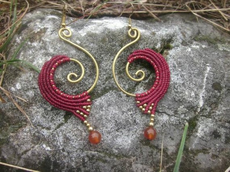 tiger eye macrame earrings, dark brown tribal jewelry, spiral brass earrings, red earrings Red