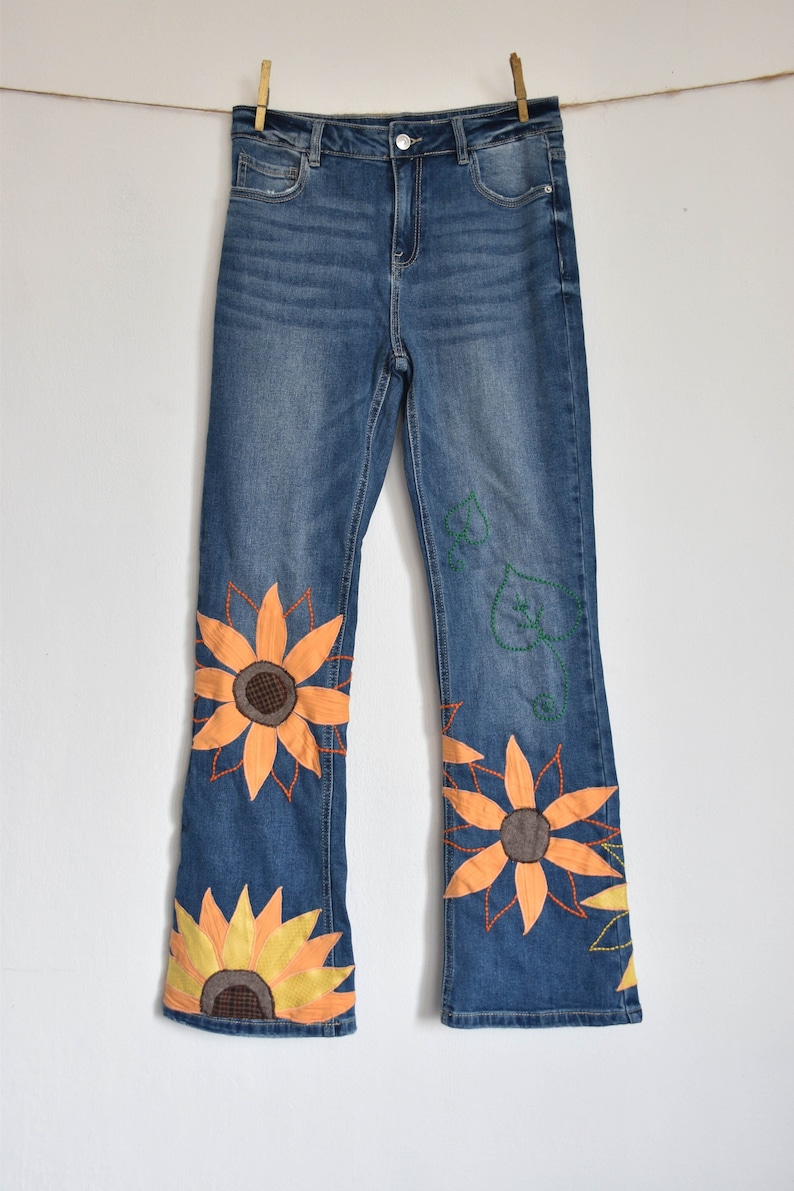 Sunflower Patchwork Pants Bell Bottom Jeans Hippie Pants Etsy