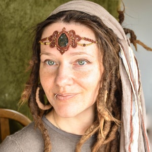 gypsy green moss agate crown, tribal macrame headband, forest elven tiara image 1