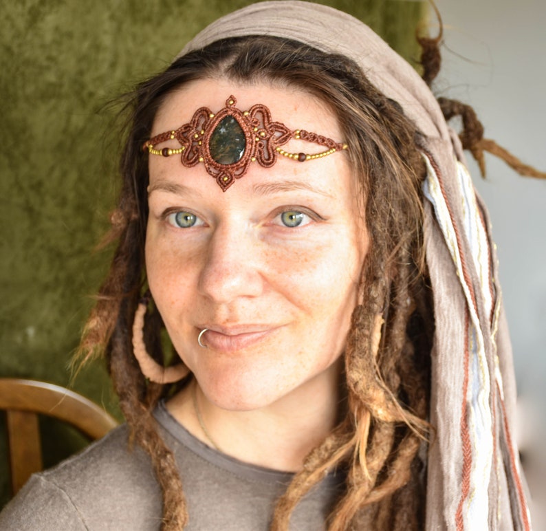 gypsy green moss agate crown, tribal macrame headband, forest elven tiara image 1