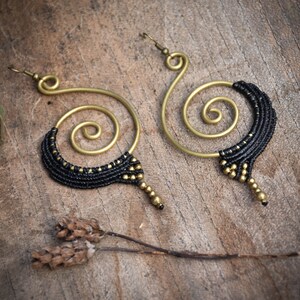 tiger eye macrame earrings, dark brown tribal jewelry, spiral brass earrings, red earrings image 5