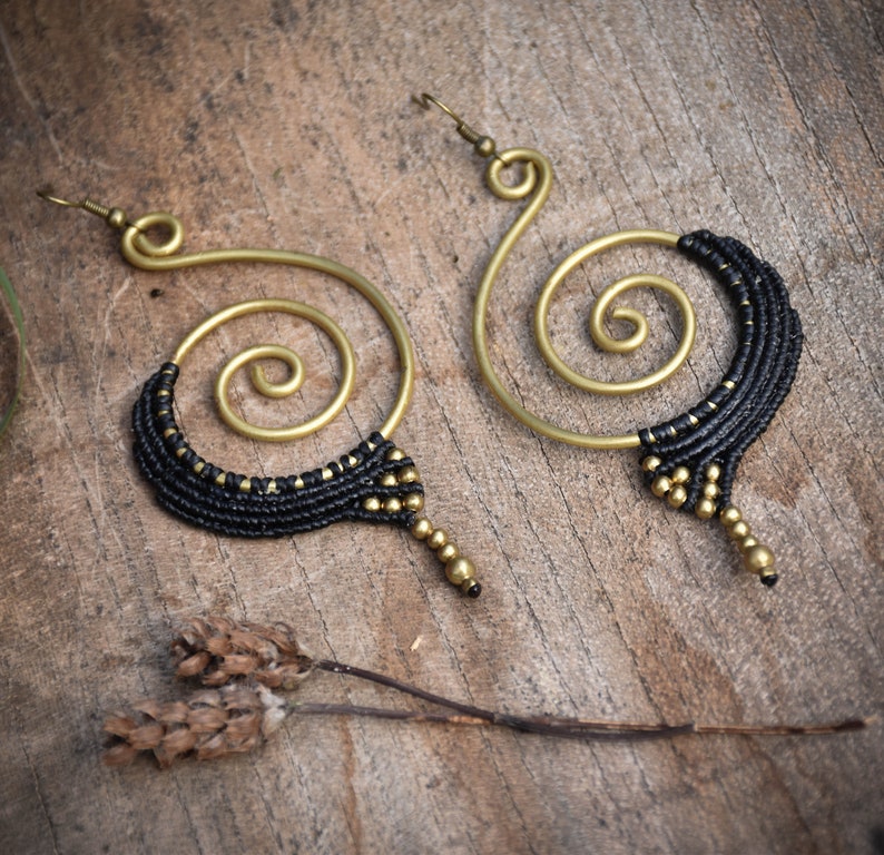 tiger eye macrame earrings, dark brown tribal jewelry, spiral brass earrings, red earrings image 5