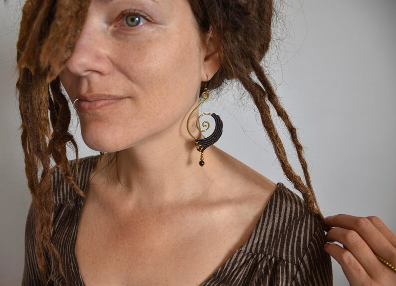 tiger eye macrame earrings, dark brown tribal jewelry, spiral brass earrings, red earrings image 8