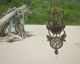 Tree of life macrame crystal necklace, long brown necklace, tigers eye jewelry