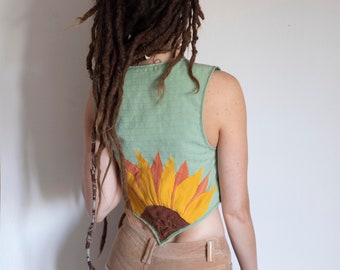 Green Sunflower Patchwork Vest, Elven Tie Closure Top