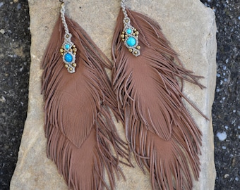 Leather Feather Earrings, Long Macrame Tribal Jewelry