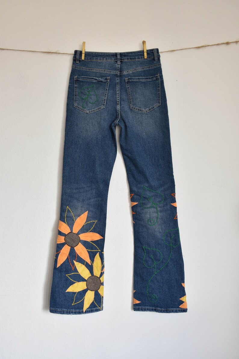 Sunflower Patchwork Pants Bell Bottom Jeans Hippie Pants Etsy