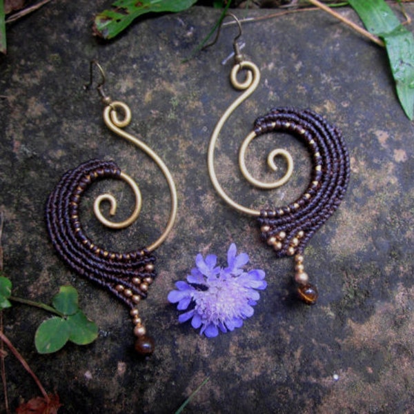 tiger eye macrame earrings, dark brown tribal jewelry, spiral brass earrings, red earrings