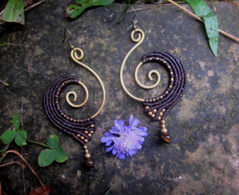 tiger eye macrame earrings, dark brown tribal jewelry, spiral brass earrings, red earrings Brown