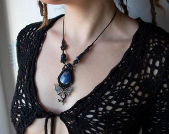 Black macrame bat necklace with sodalite, goth necklace