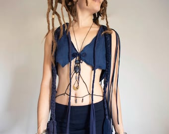 Cropped vest with braids, festival dance costume, blue tribal top