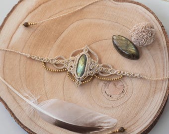 Tribal labradorite tiara, earthy bohemian head piece, beige goddess crown