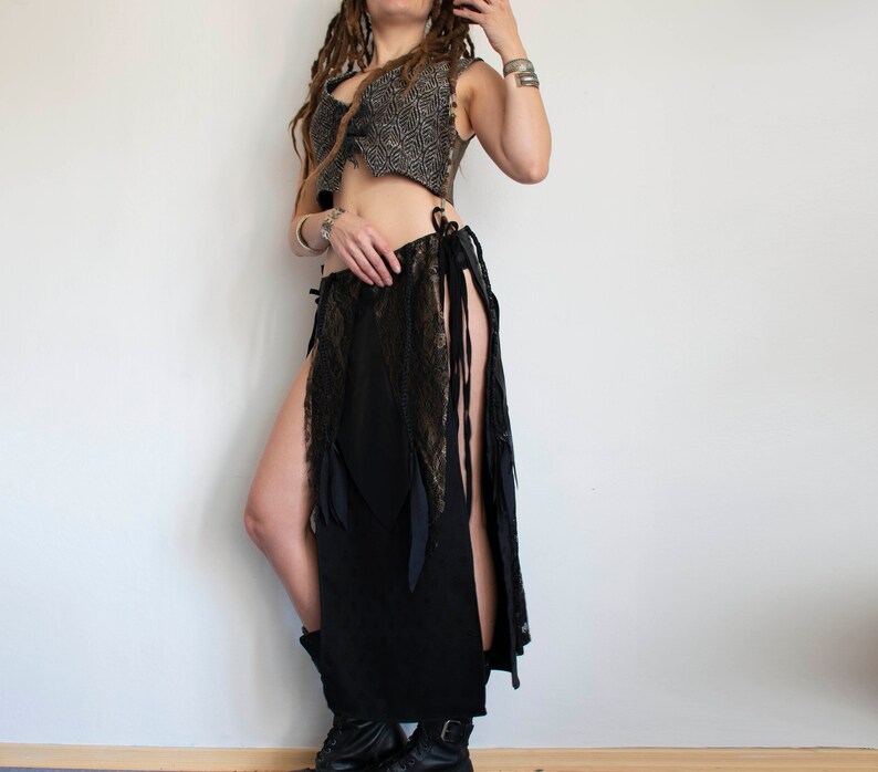 Long black split skirt, festival belt skirt, punk metal skirt zdjęcie 5